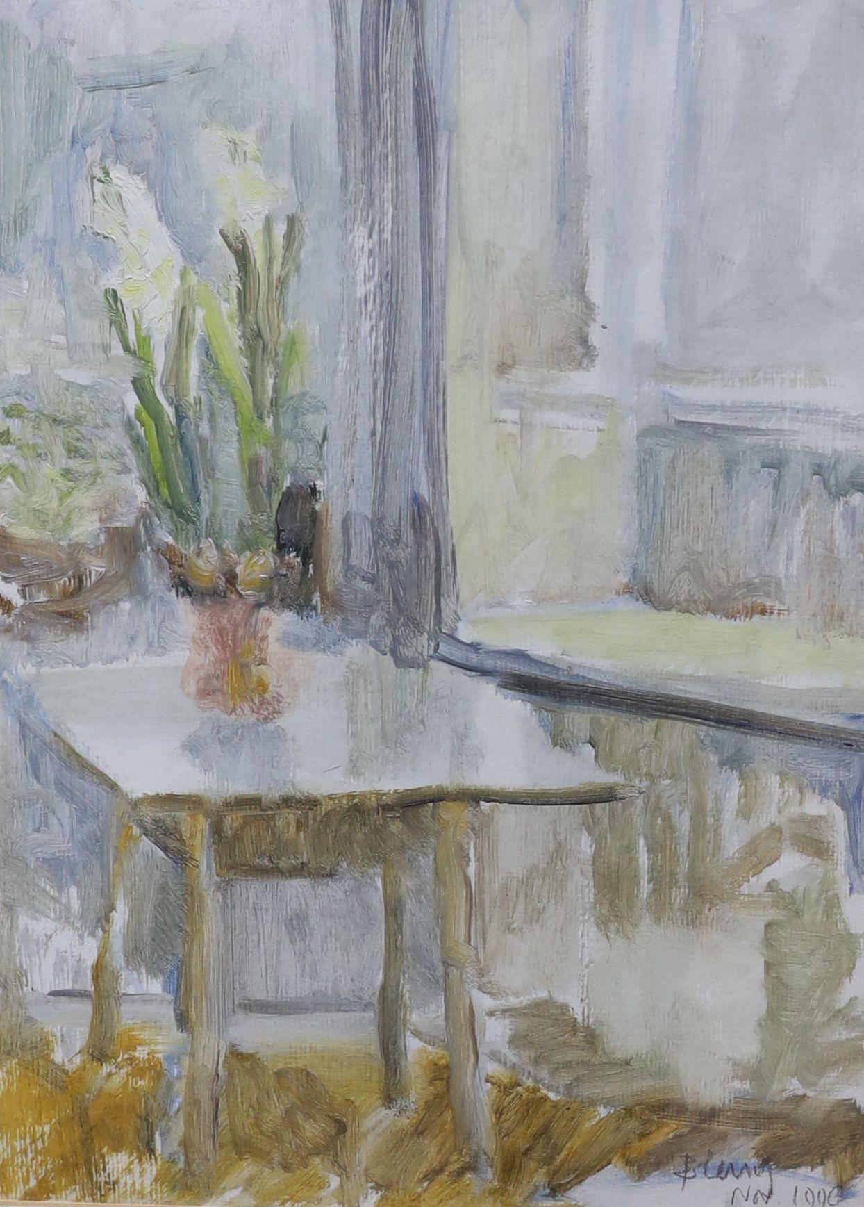 Barbara Lewis (b.1932), oil on paper, Flowers by the window, signed and dated 1990, 35 x 25cm